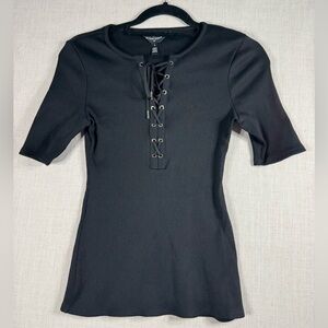 White House Black Market Black Ribbed Lace-Up Short Sleeve Top